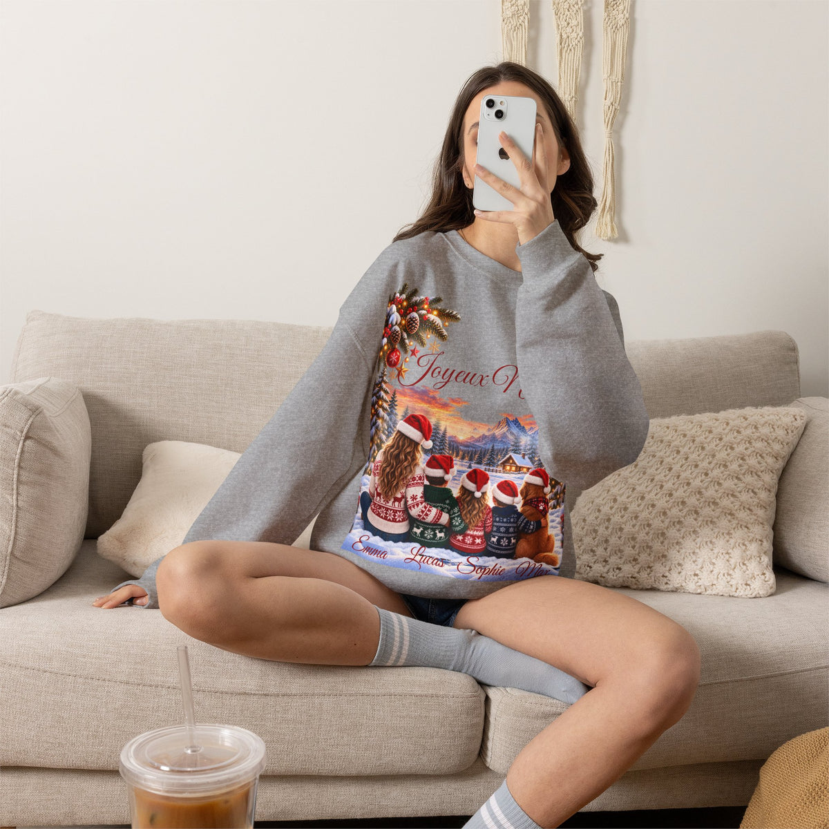 Joyeux Noël Christmas Crewneck Sweatshirt with Festive Gnome Family Design
