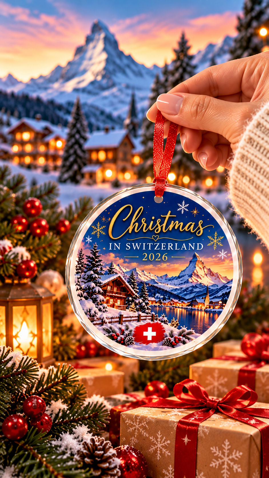 Christmas in Switzerland 2026 glass ornament held by hand in a Christmas setting with snowy chalets