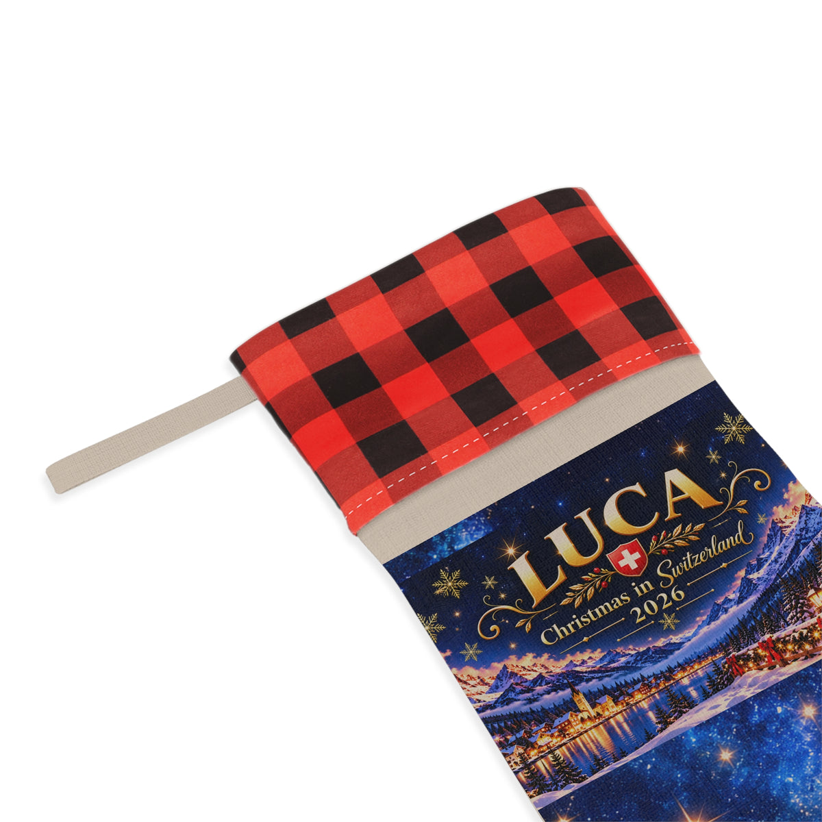 Linen Christmas stocking with alpine chalet print and buffalo plaid cuff – photo 4
