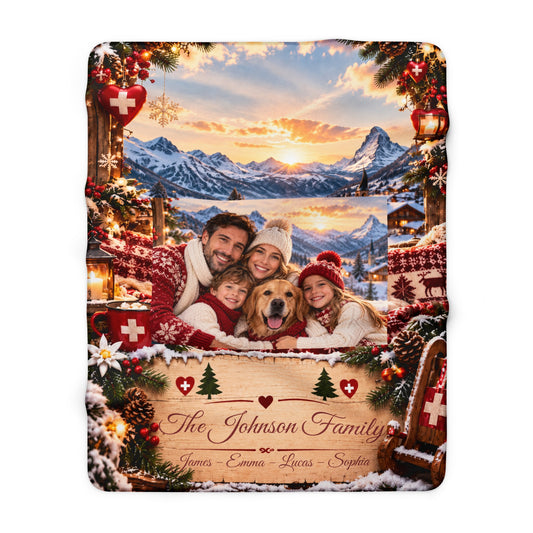 Personalised sherpa blanket example with a family photo, The Johnson Family name and an alpine Christmas frame