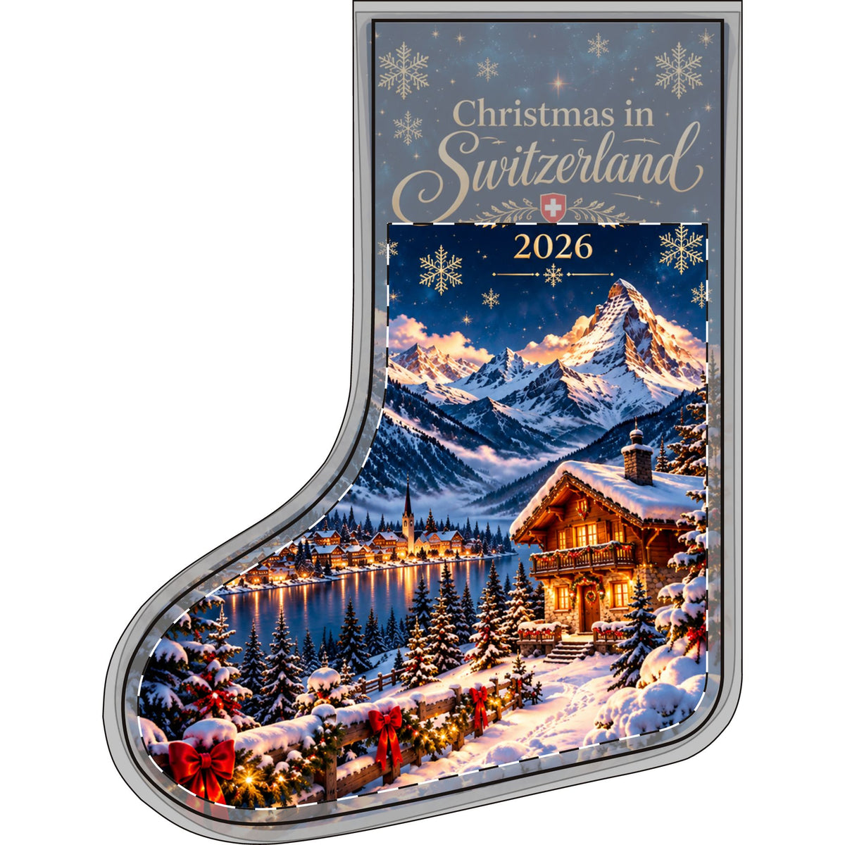 Linen Christmas stocking with snowy Swiss chalet and mountain print – photo 2