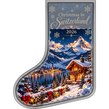 Linen Christmas stocking with snowy Swiss chalet and mountain print – photo 2