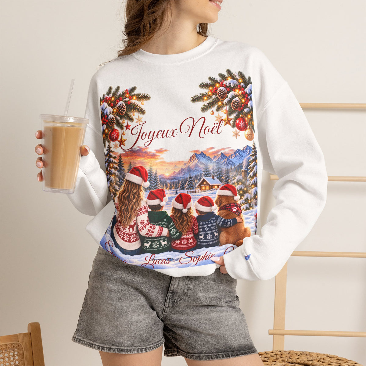 Joyeux Noël Christmas Crewneck Sweatshirt with Festive Gnome Family Design