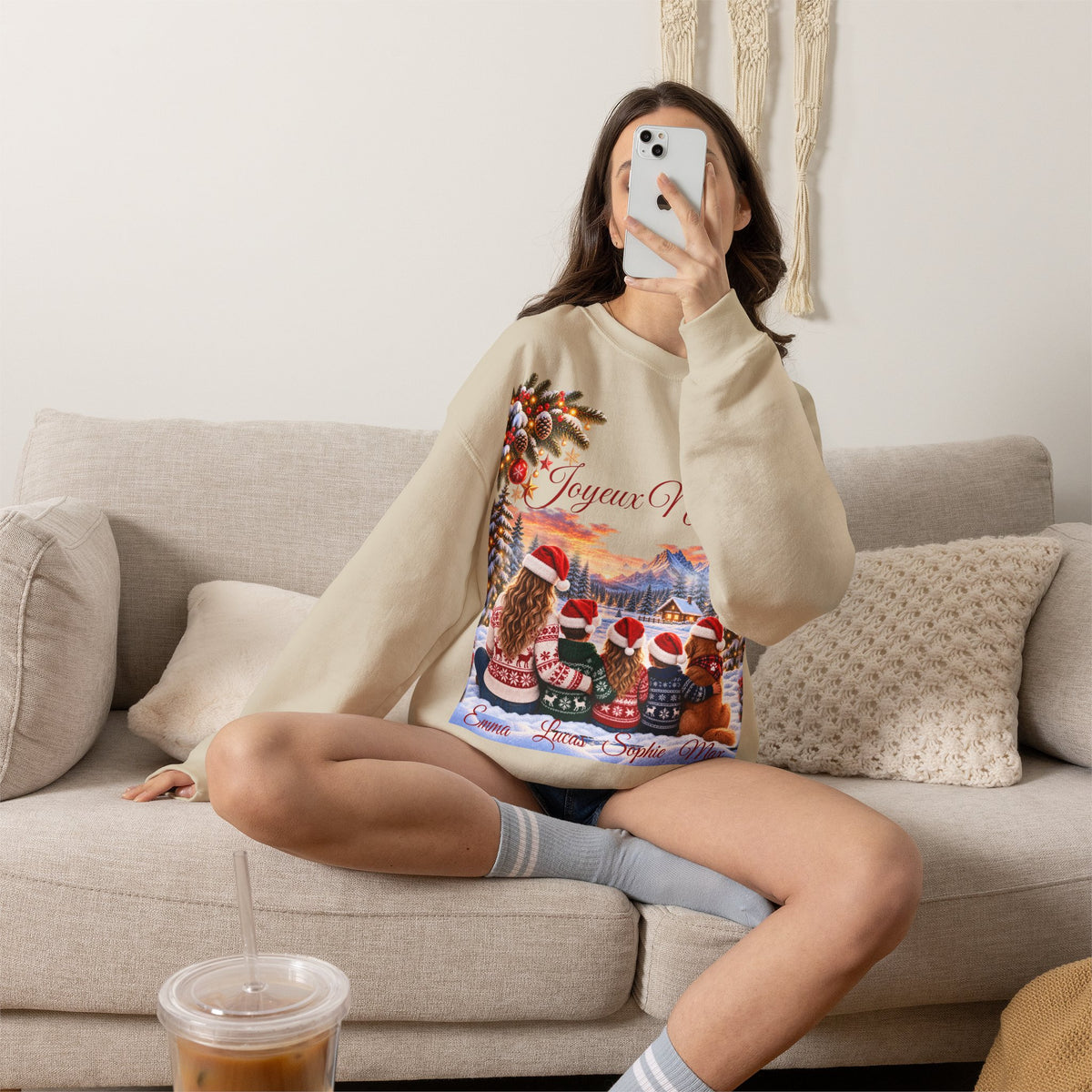 Joyeux Noël Christmas Crewneck Sweatshirt with Festive Gnome Family Design