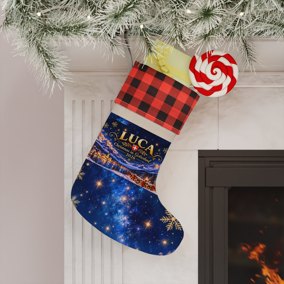 Linen Christmas stocking with alpine chalet print and buffalo plaid cuff