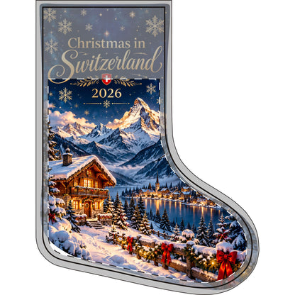 Linen Christmas stocking with snowy Swiss chalet and mountain print