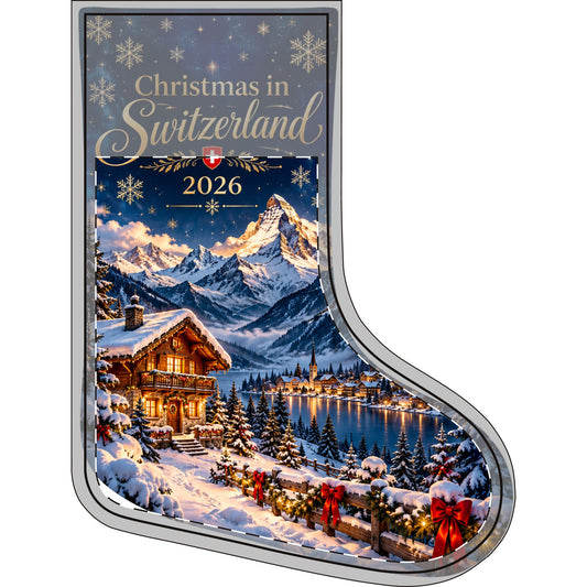 Linen Christmas stocking with snowy Swiss chalet and mountain print