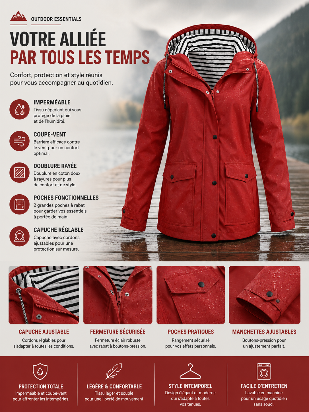 Women’s Lightweight Hooded Windbreaker – Long Zip-Up Travel Jacket