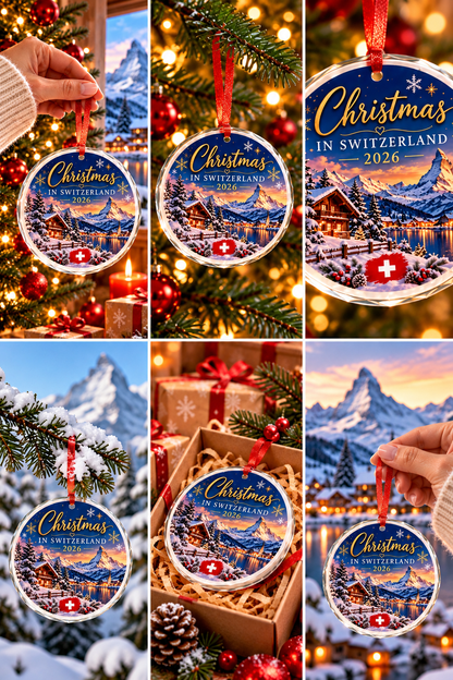 Collage of the Christmas in Switzerland 2026 glass ornament in several settings