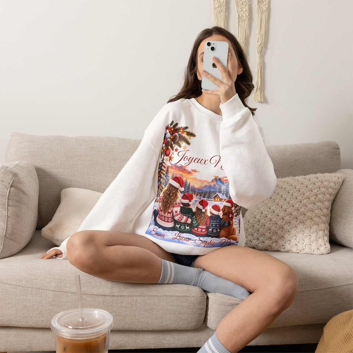 Joyeux Noël Christmas Crewneck Sweatshirt with Festive Gnome Family Design
