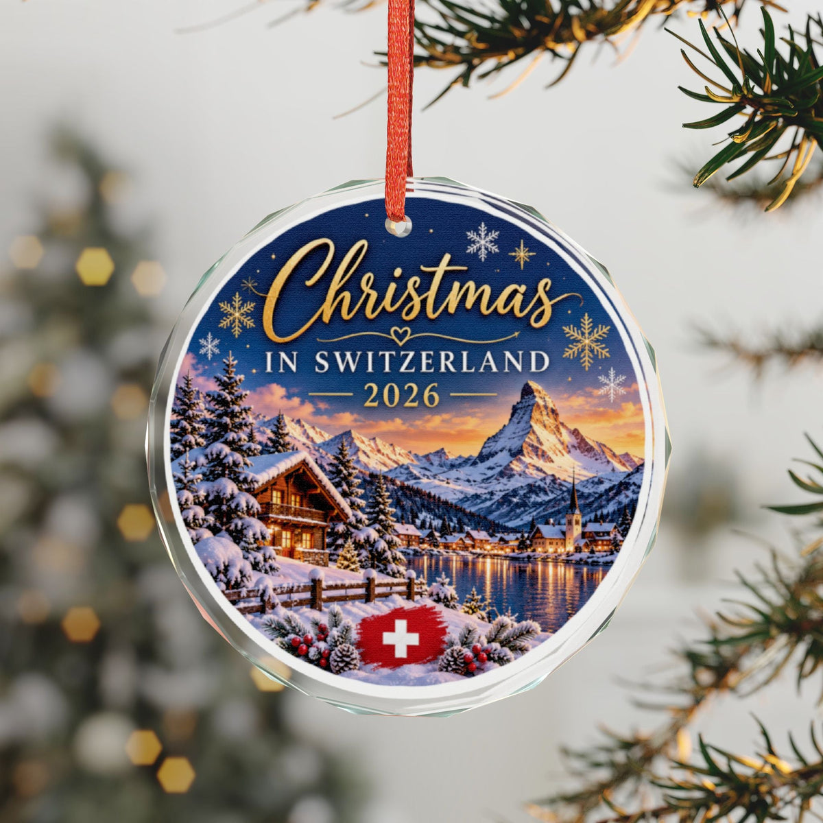 Christmas in Switzerland 2026 glass ornament with snowy Swiss Alps and Matterhorn