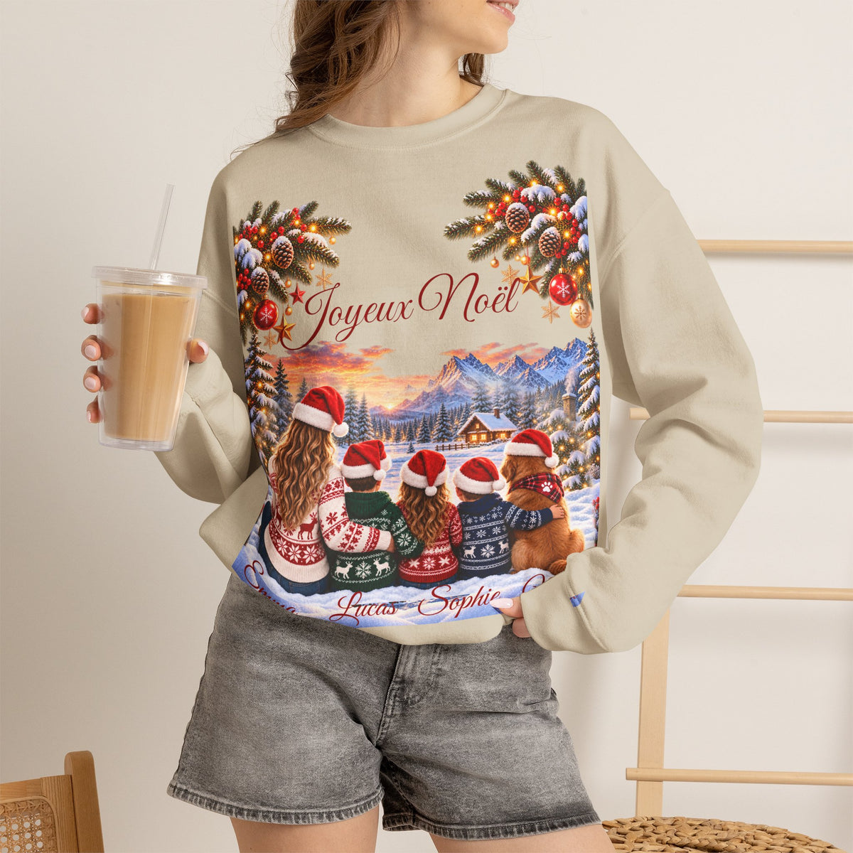 Joyeux Noël Christmas Crewneck Sweatshirt with Festive Gnome Family Design