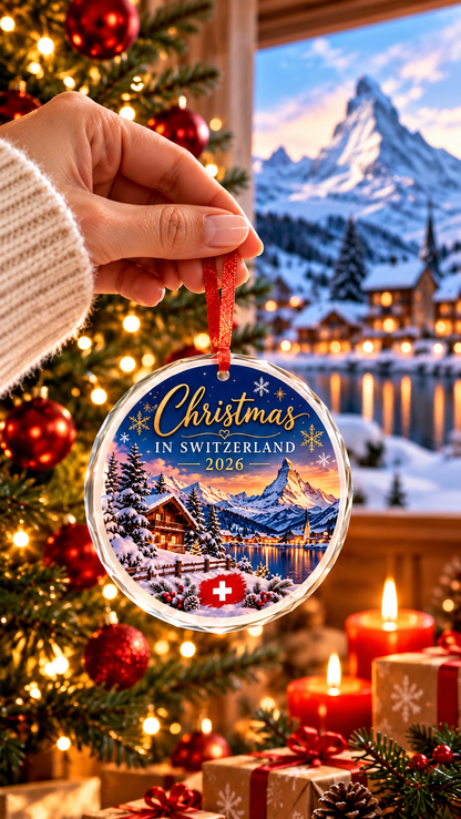 Christmas in Switzerland 2026 glass ornament held by its red ribbon, alpine lakeside village in the background