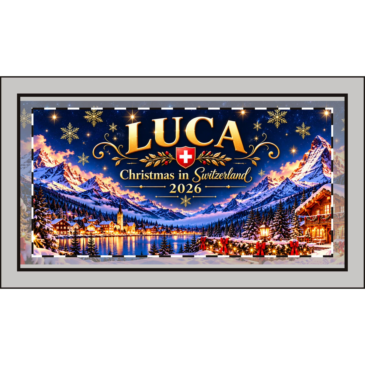 Linen Christmas stocking with snowy Swiss chalet and mountain print – photo 3