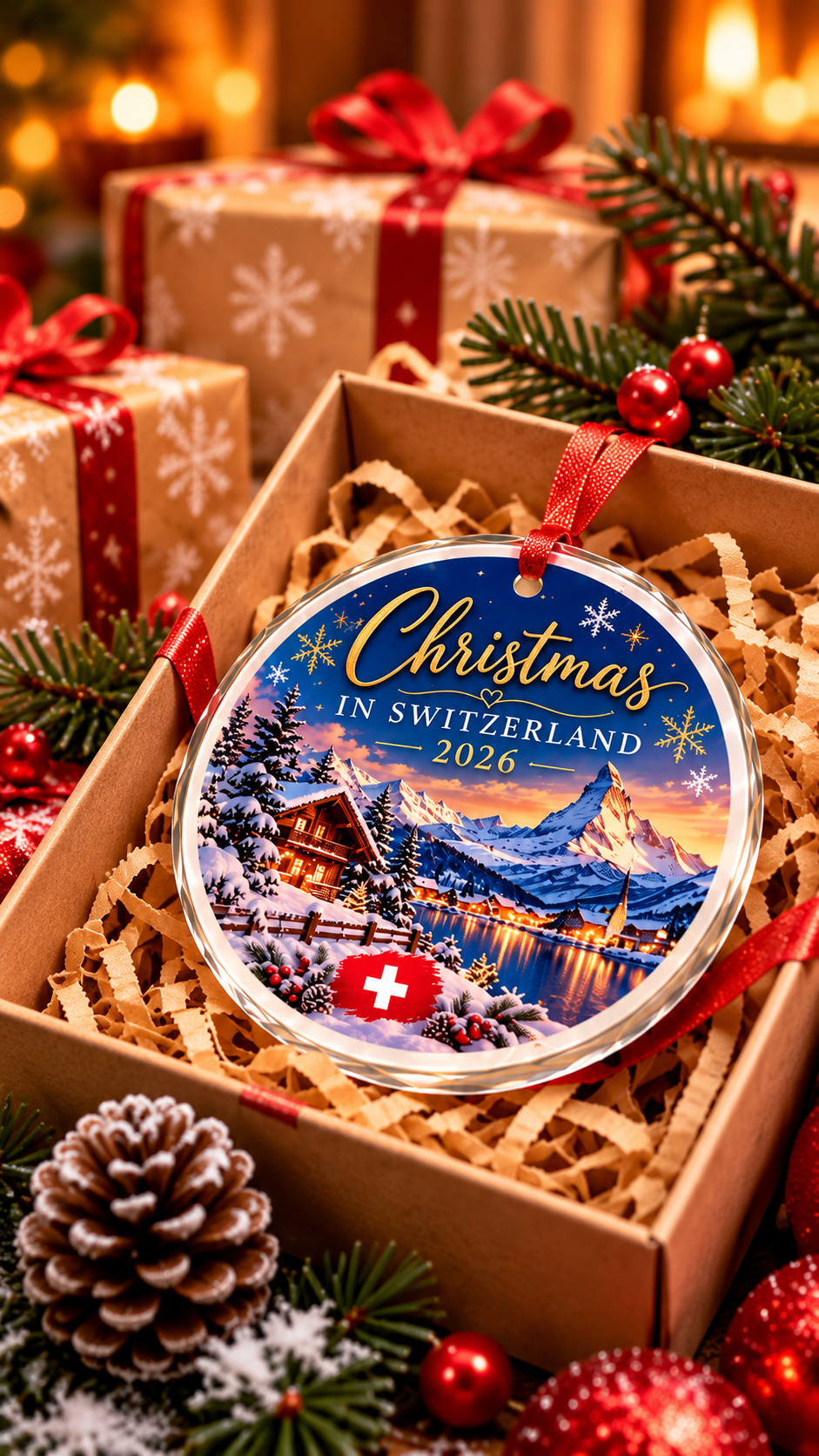 Christmas in Switzerland 2026 glass ornament in an open gift box