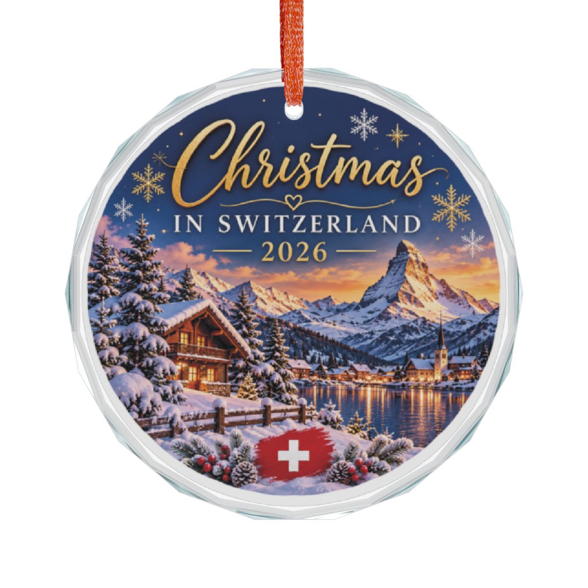 Christmas in Switzerland 2026 round glass ornament, front view on white background