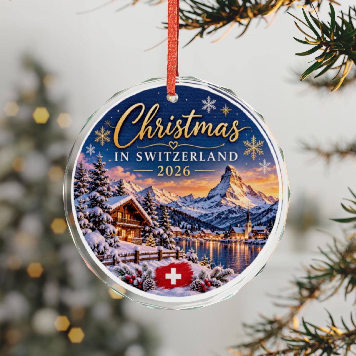 Christmas in Switzerland 2026 glass ornament hanging on a fir branch
