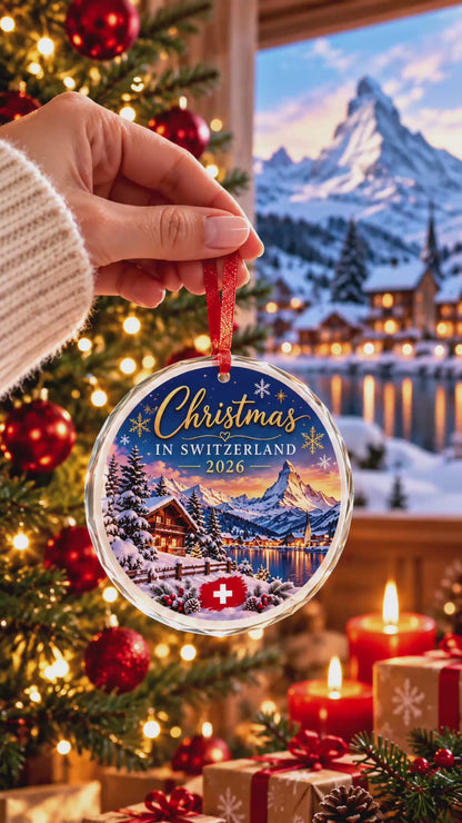 Christmas in Switzerland 2026 Glass Ornament – Matterhorn & Alpine Chalet